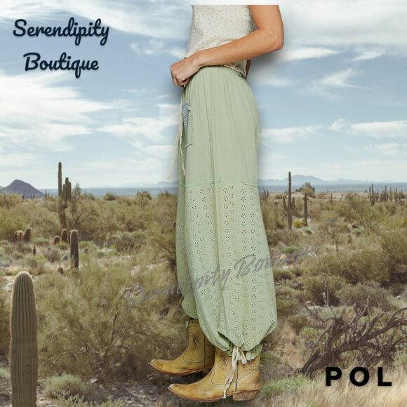 POL Girly Style Boho with Western Flare Eyelet Lace Gauze Drawstring Wide Pants - Picture 3 of 14